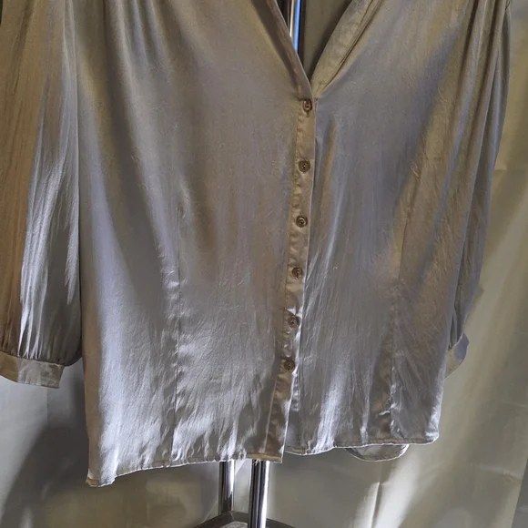 Dialouge Silk Blouse 2X ✨ Silver Gray Satin Button Front Flowy Minimalist Top - Picture 2 of 16